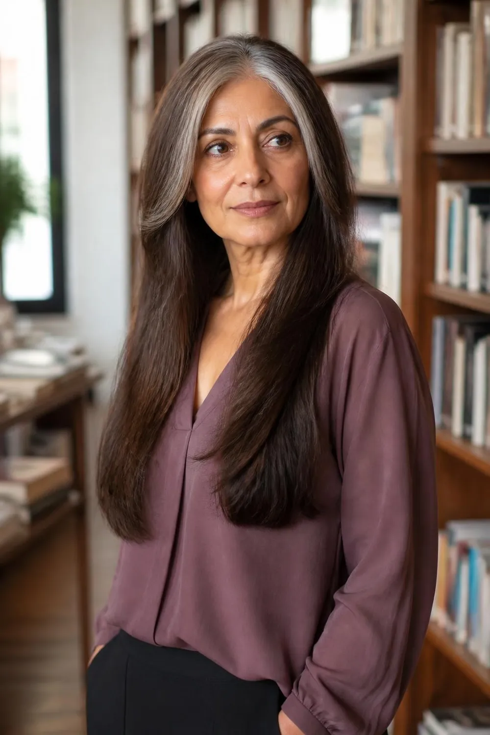 Long dark hair with a natural silver streak at the front, woman in her 50s