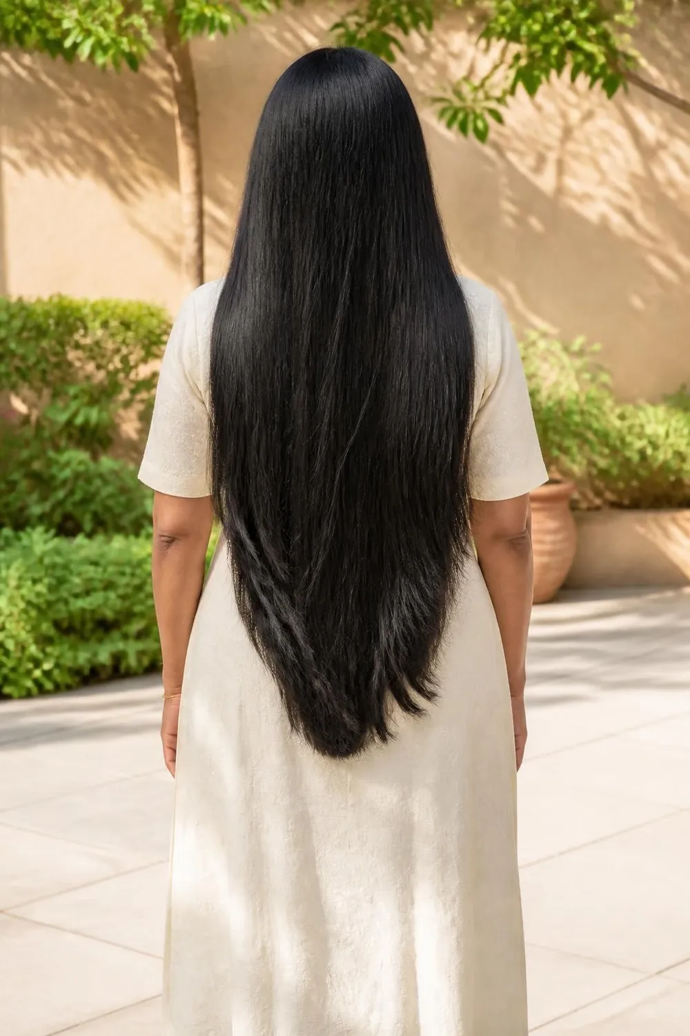 Waist-length hair with a clean blunt perimeter on a woman over 50, back view