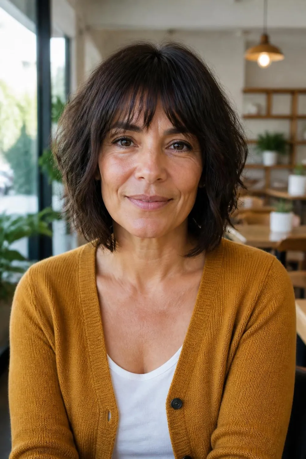 Mini shag with bottleneck bangs and choppy layers for a woman over 50 with wavy hair