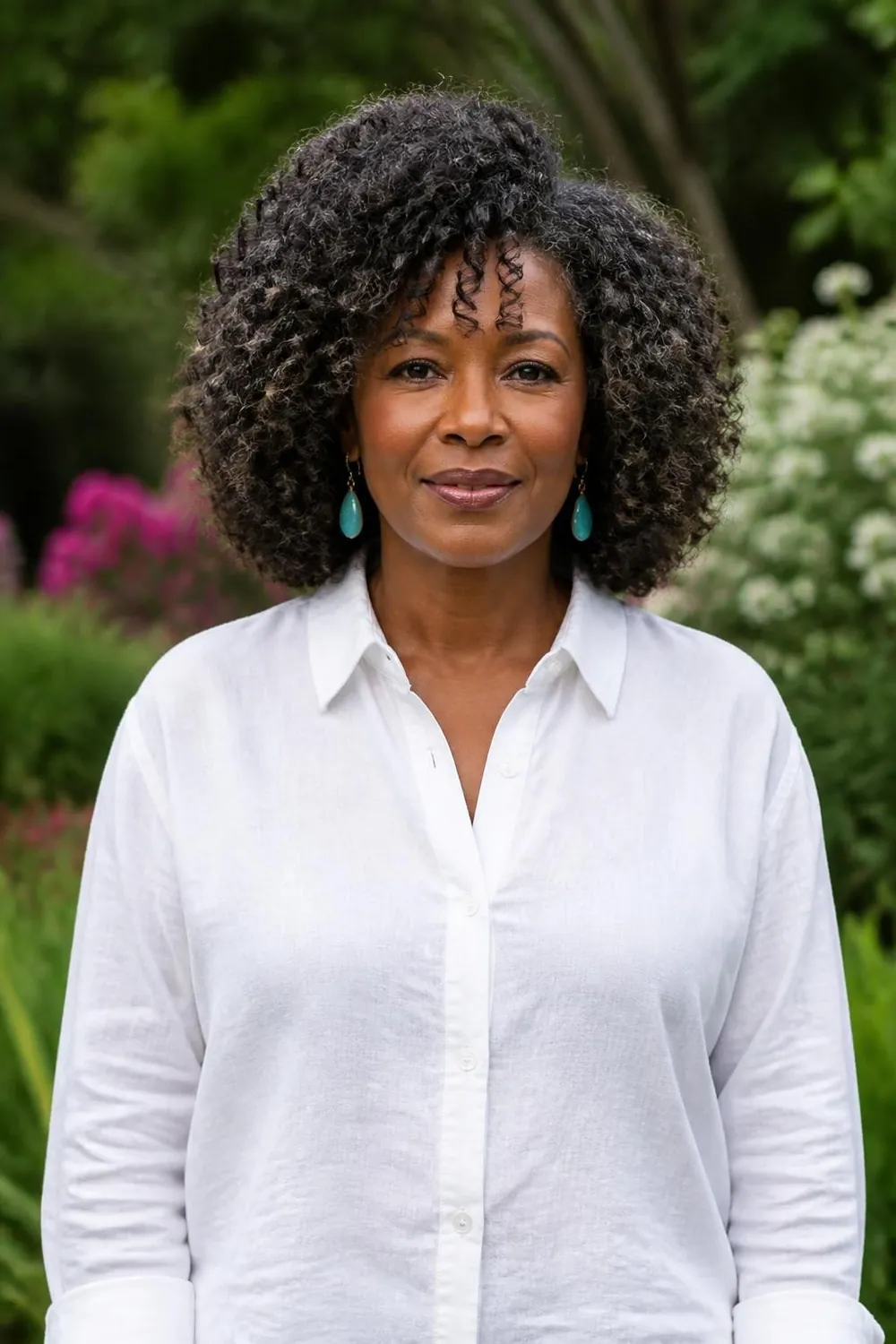 Curly lob with defined curls and volume at the crown for a woman over 50