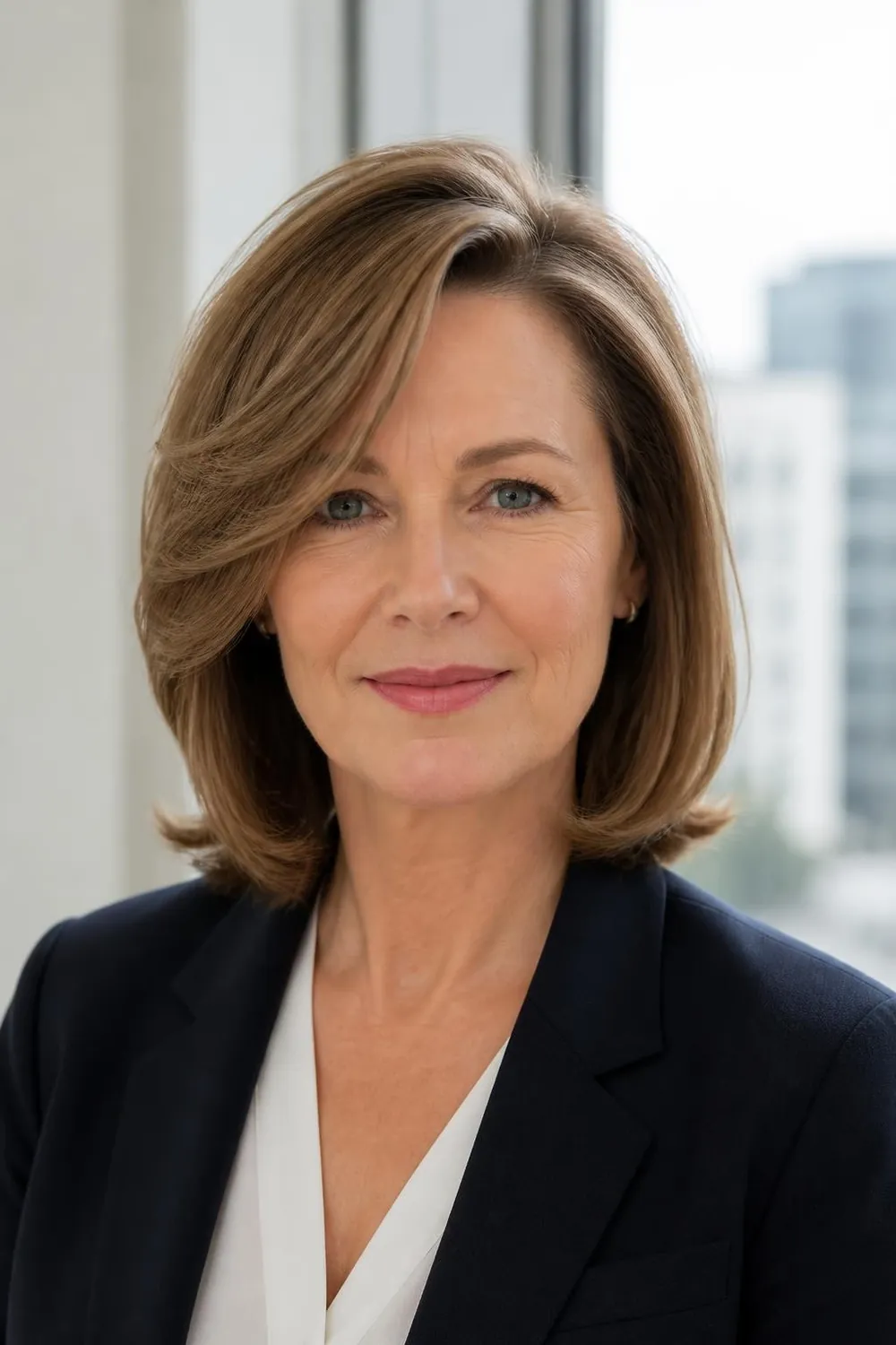 Side-parted lob with a voluminous front swoop for a woman over 50 with fine hair