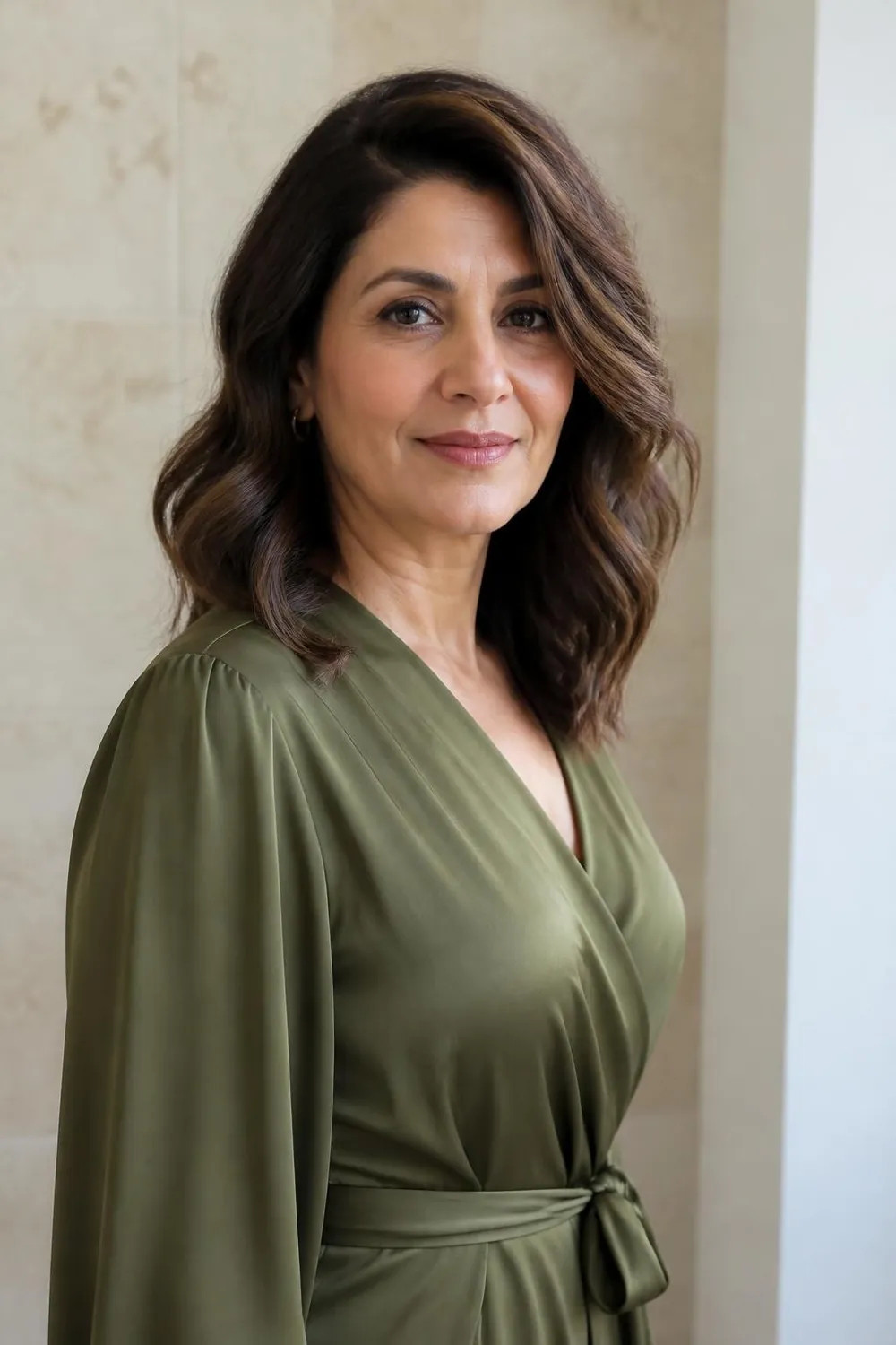 Wavy lob with a deep side part and loose S-waves for a woman over 50