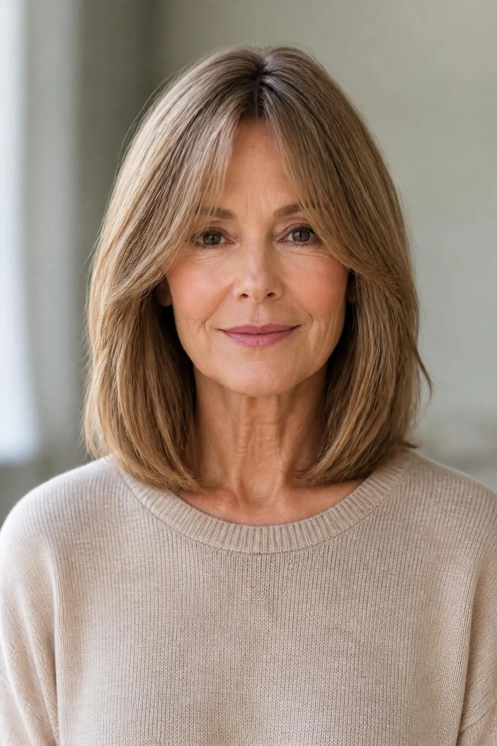 Collarbone lob with long curtain bangs parted in the center for a woman over 50
