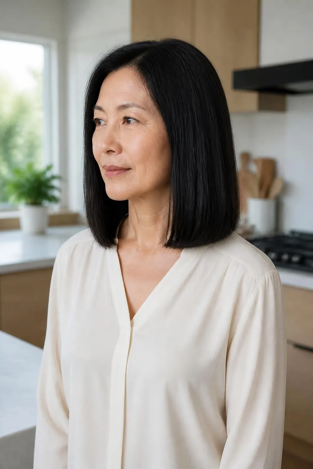 Blunt one-length collarbone cut for a woman over 50 with thin hair