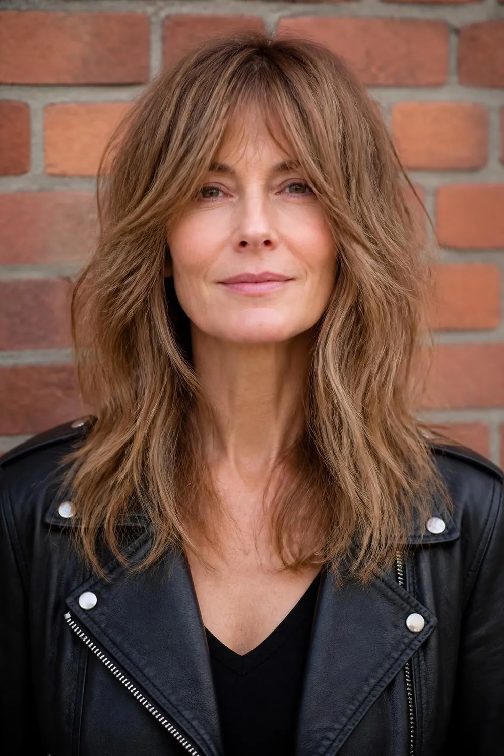 Modern collarbone shag with feathered layers and messy texture for a woman over 50