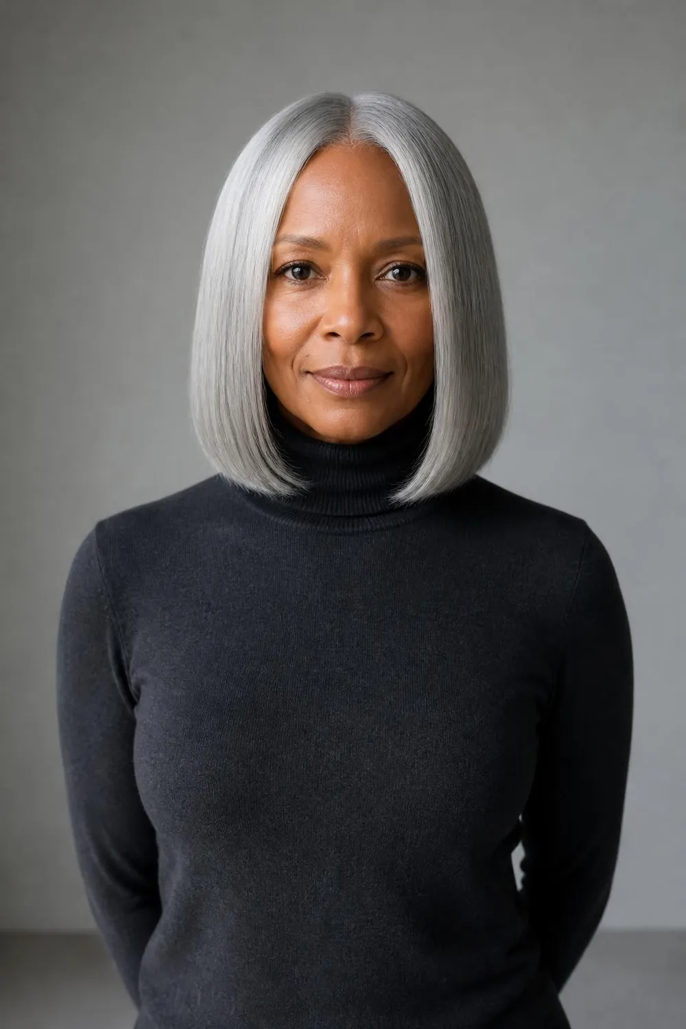 Silver gray collarbone cut with a sleek middle part for a woman over 50
