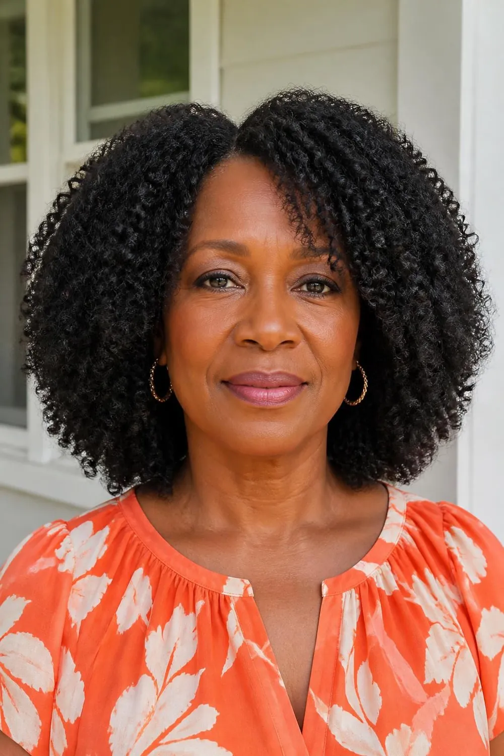 Rounded twist-out on natural coily hair at collarbone length for a Black woman over 50