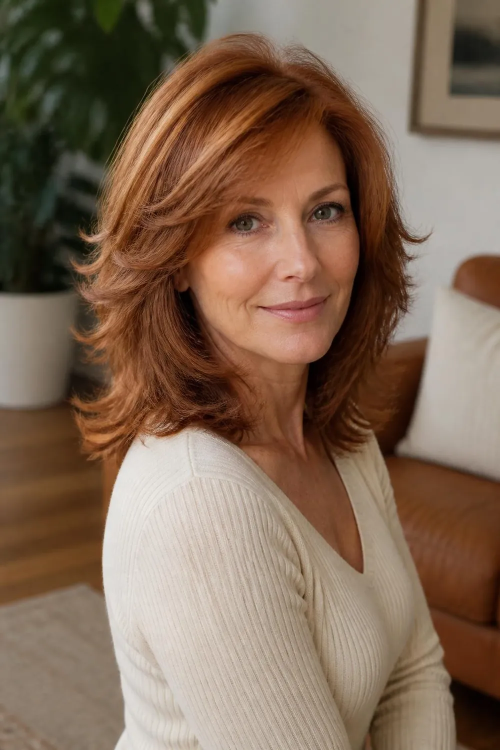 Feathered medium layers flicked back from the face for a woman over 50