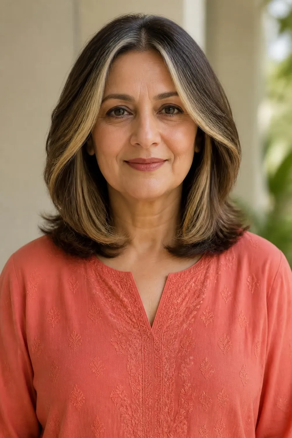 Collarbone cut with bright money-piece highlights framing the face for a woman over 50