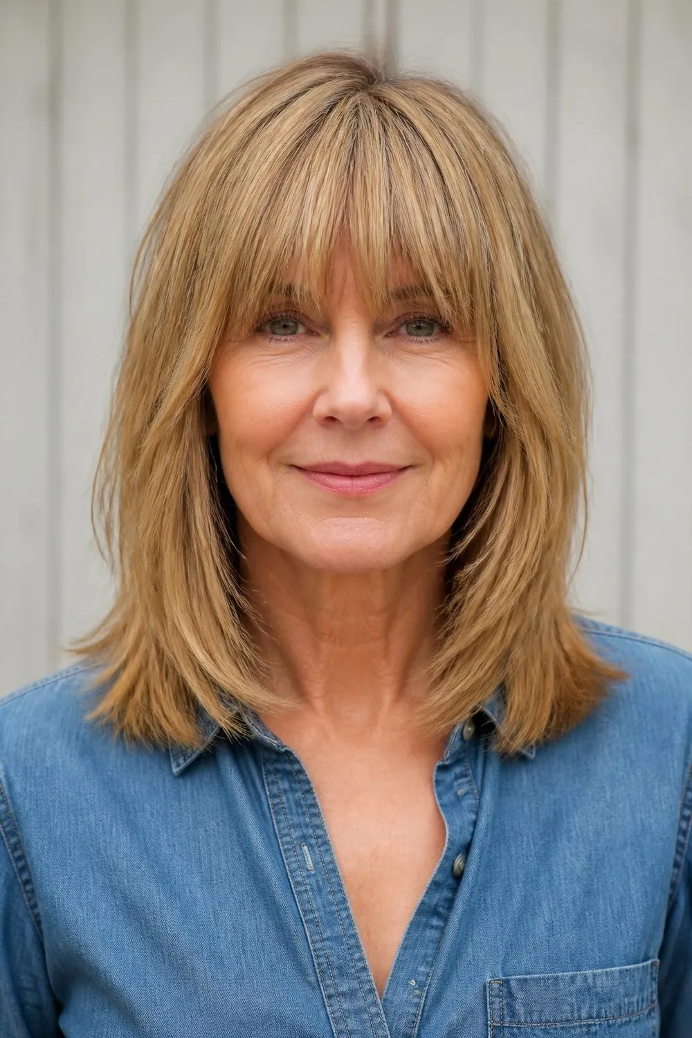 Shoulder-length cut with full bangs touching the brows for a woman over 50