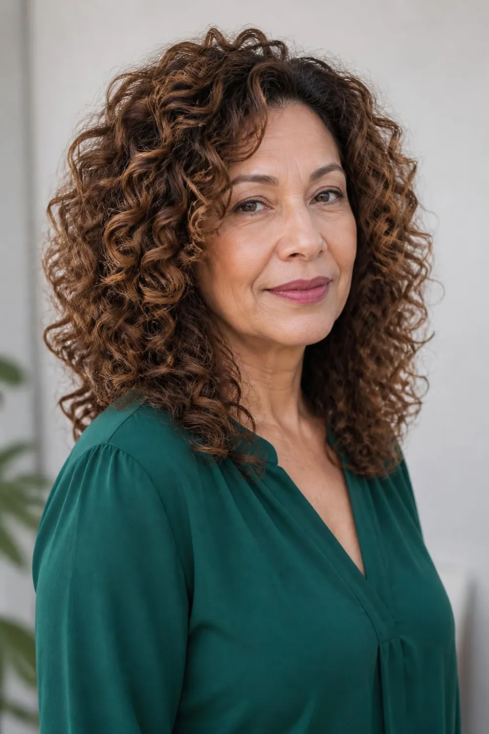 Shoulder-length curly hair cut in long layers for a woman over 50