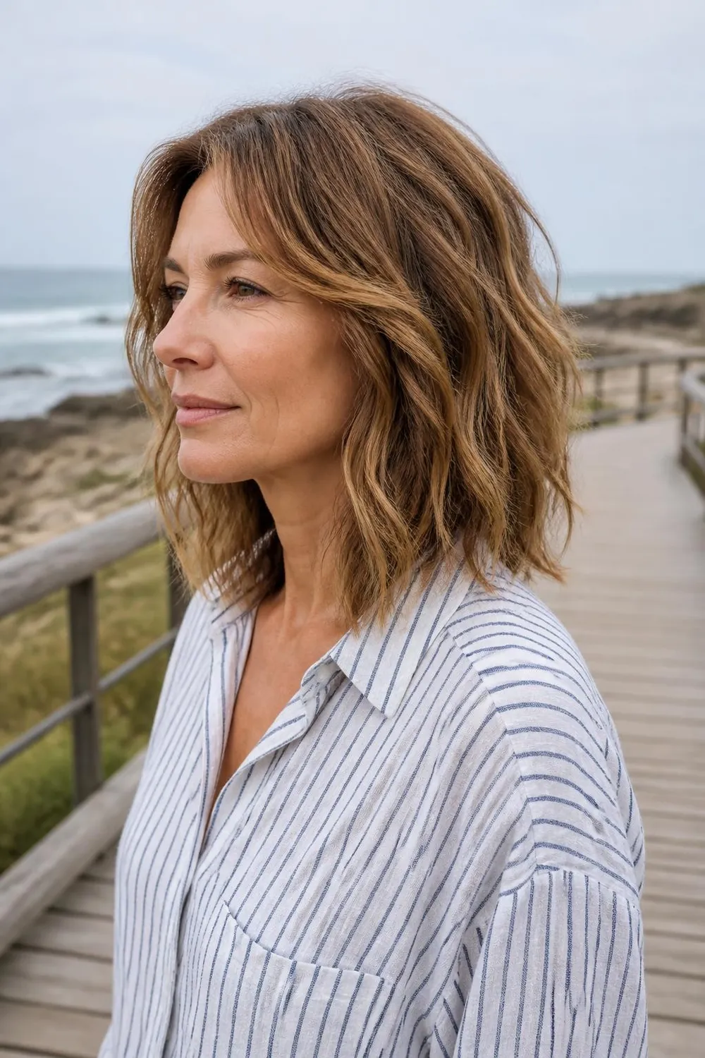 Shoulder-length tousled beach waves with light layers for a woman over 50