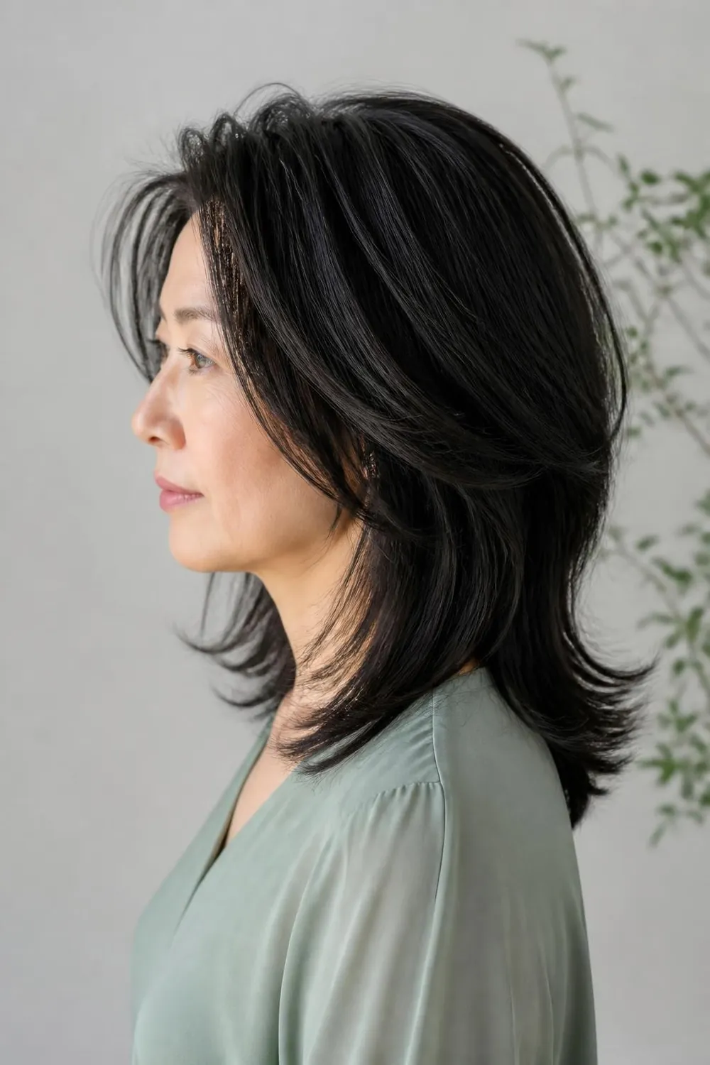 Slide-cut shoulder-length layers removing bulk from thick hair on a woman over 50
