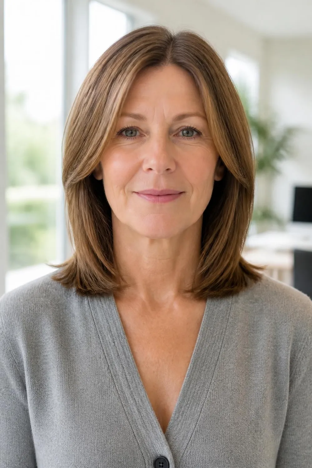 Shoulder-length cut with chin-length front layers framing the jaw for a woman over 50