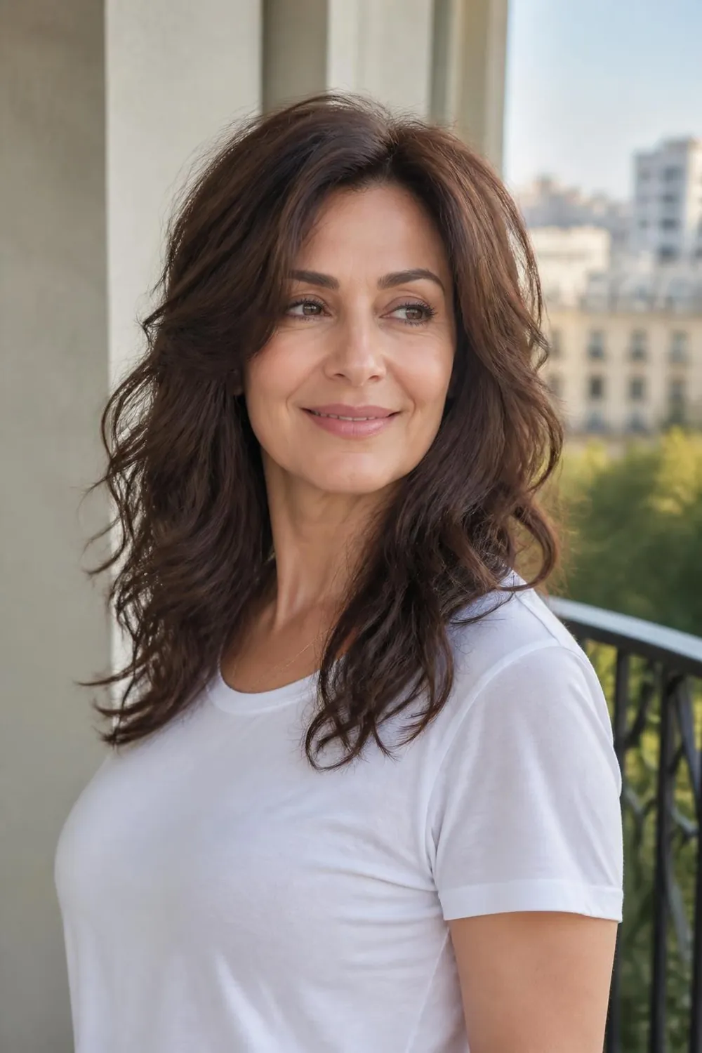 Wash-and-go medium layers air-dried with natural wave for a woman over 50