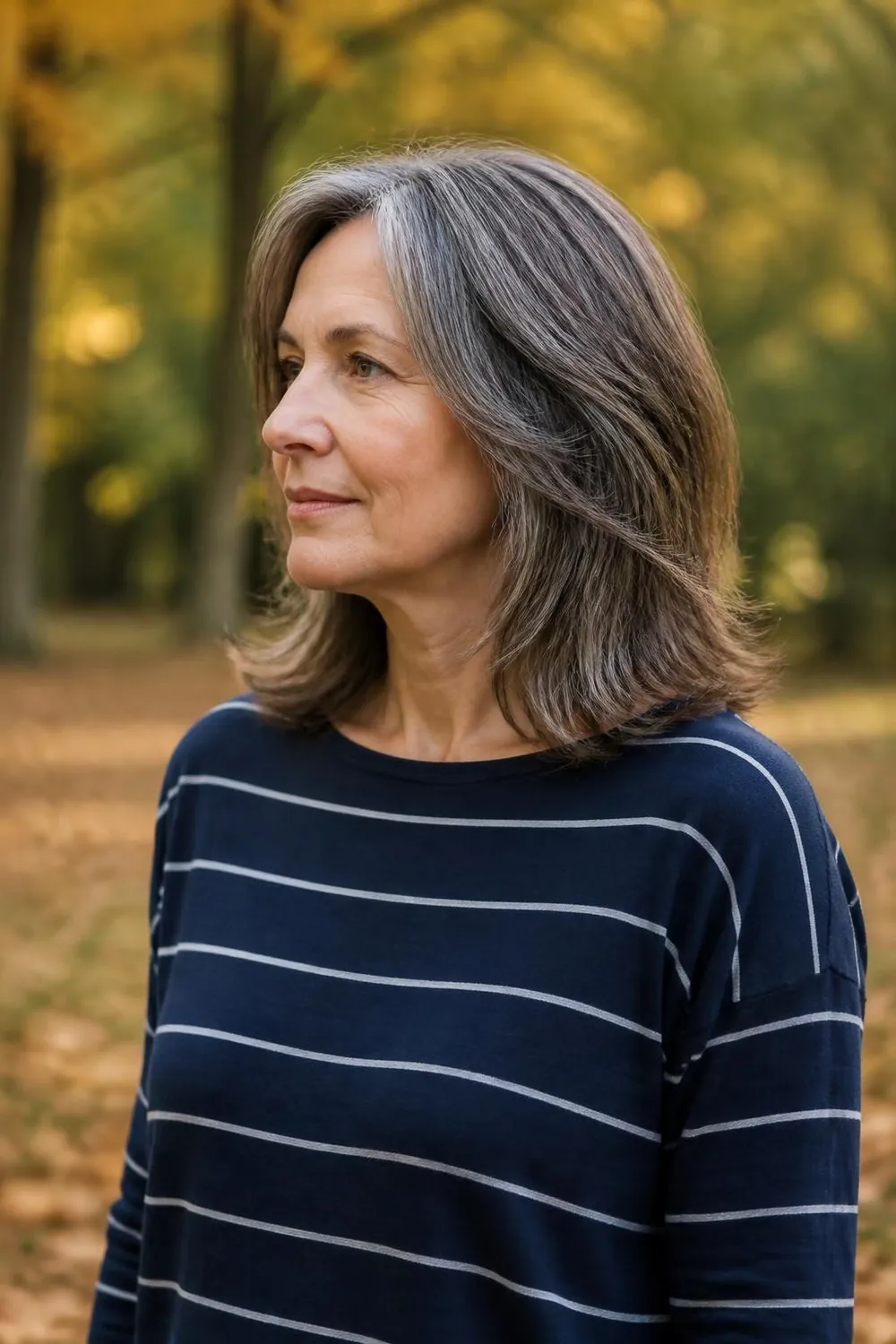 Salt-and-pepper gray shoulder-length cut with soft layers for a woman over 50