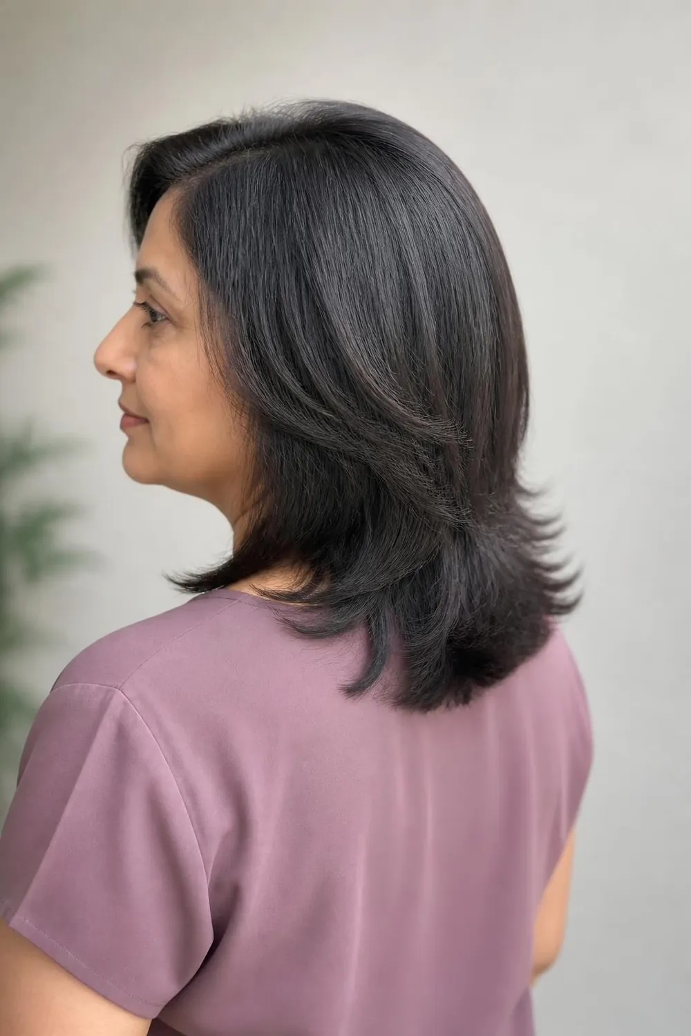Medium layered cut with an off-center part around a crown cowlick, woman over 50