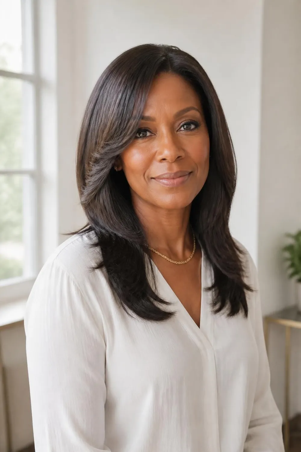 Shoulder-length silk press with long swinging layers for a Black woman over 50