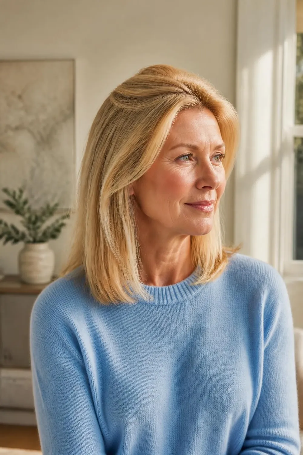 Lifted layers past the shoulders with crown volume for a woman over 50