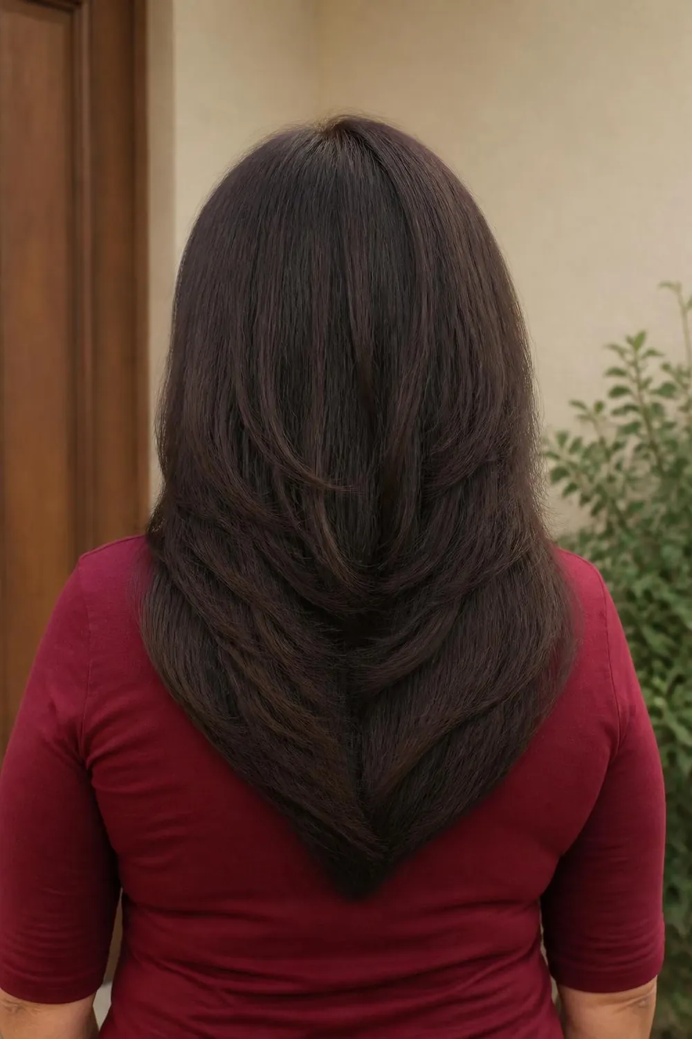 Below-shoulder cut with V-shaped back layers for a woman over 50 with thick hair