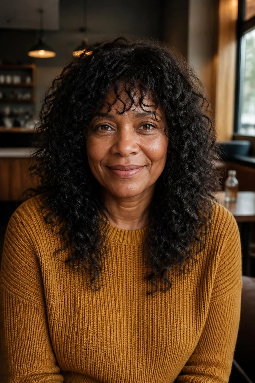 Curly shag past the shoulders with a curly fringe for a woman over 50