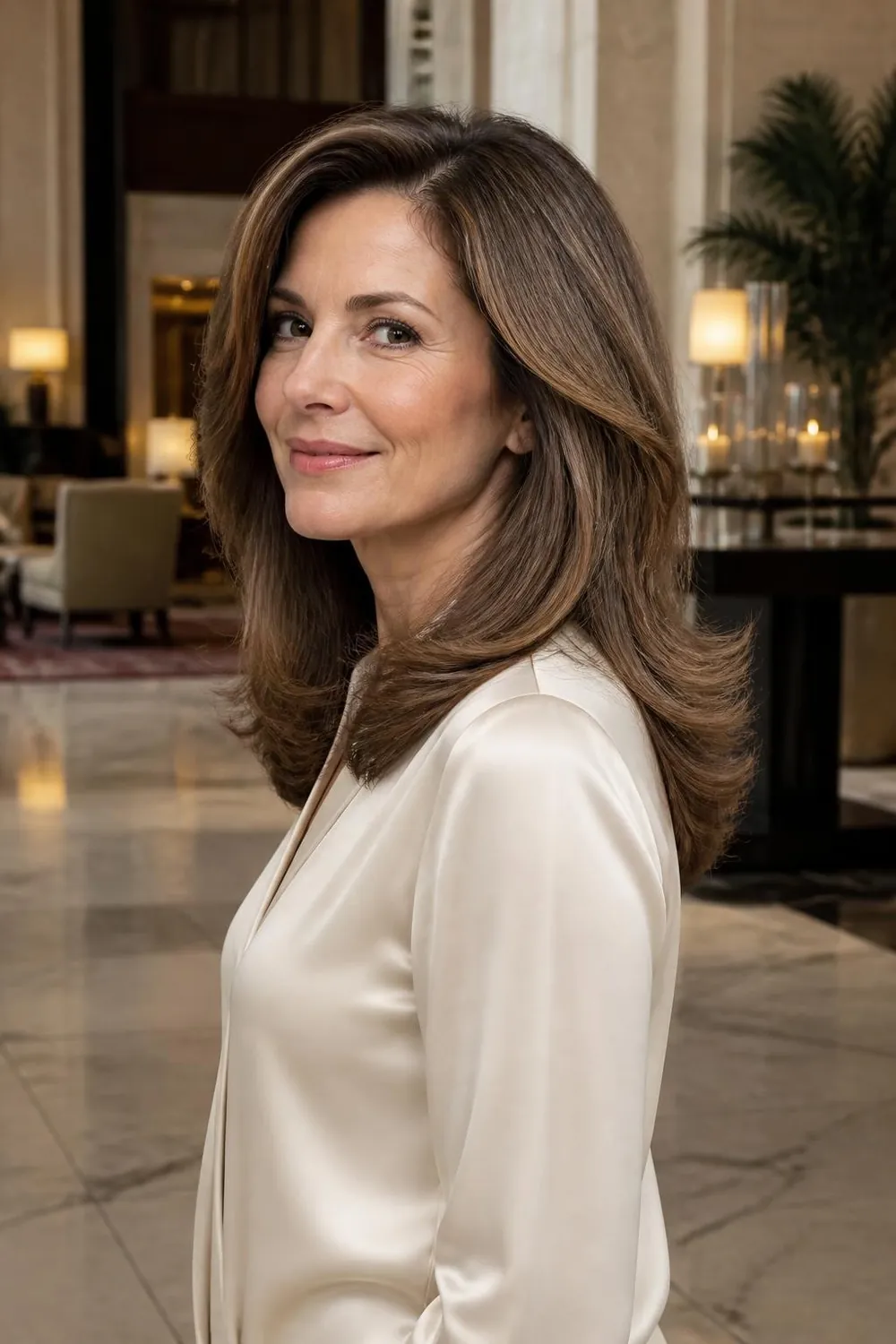 Bouncy round-brush blowout layers past the shoulders for a woman over 50