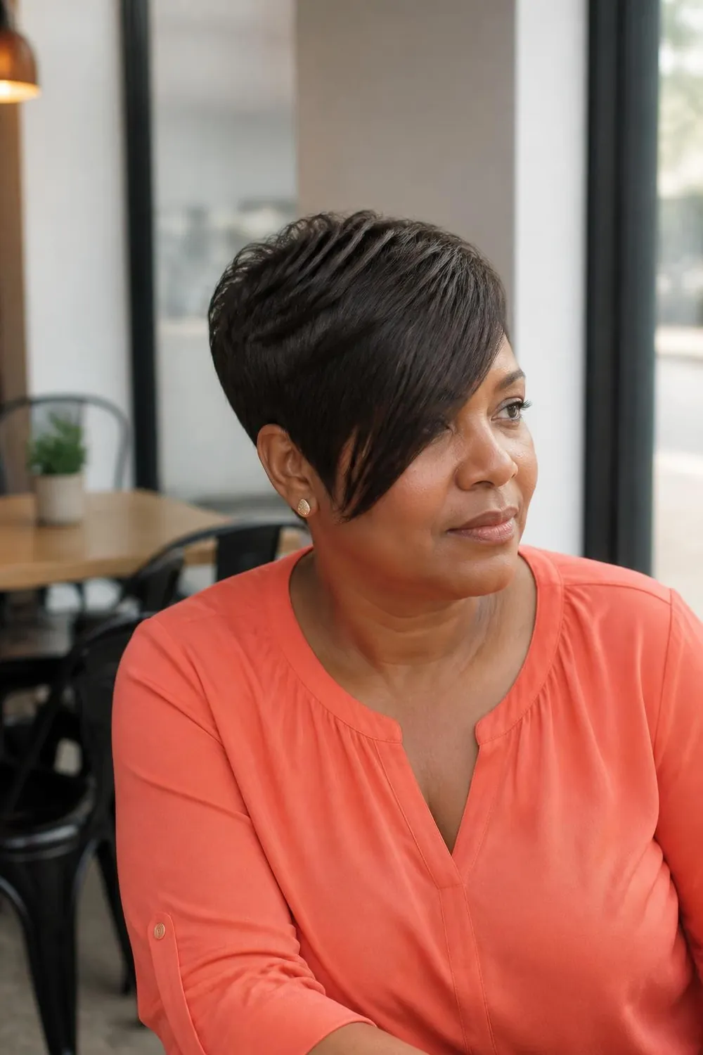 Short pixie with a long side-swept fringe on a plus size woman over 50