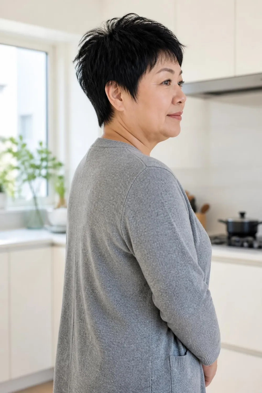Piecey textured crop with point-cut ends for a plus size woman over 50 with thin hair