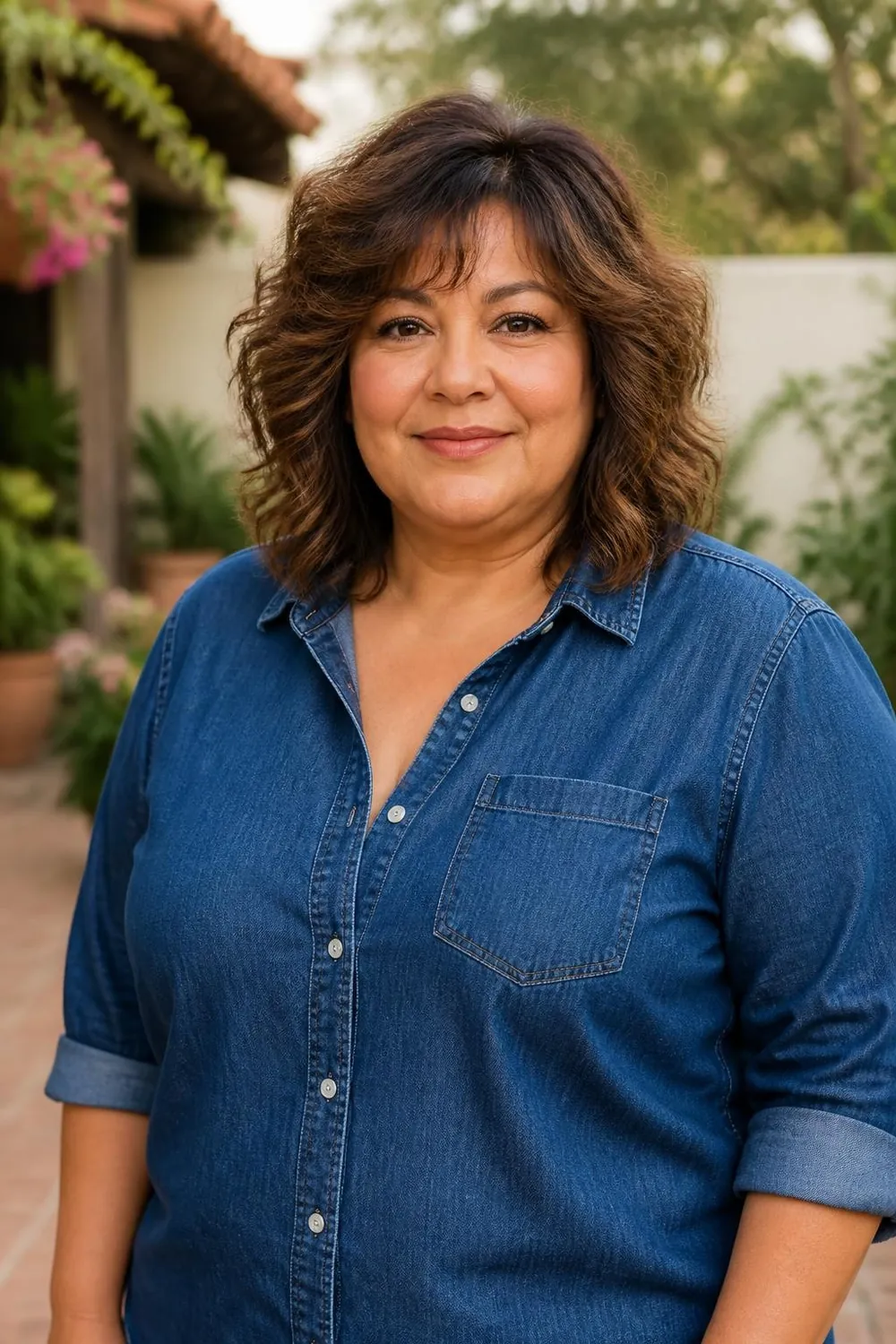Short wash-and-go shag with soft razor layers on a plus size woman in her 50s