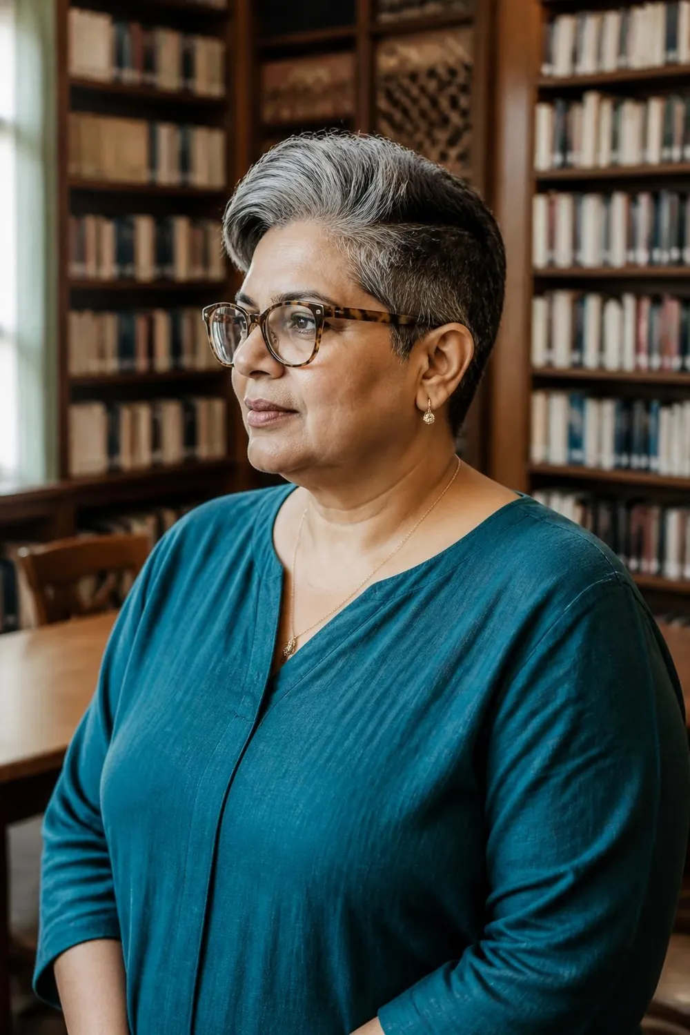 Short cut with neat sides for a plus size woman over 50 who wears glasses