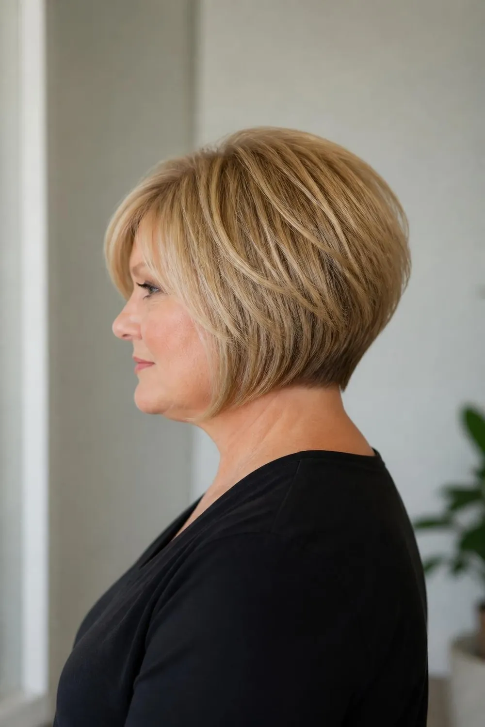 Stacked bob with a tapered nape and longer front for a plus size woman over 50
