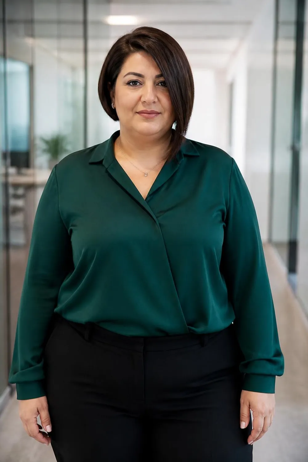 Asymmetrical bob with a longer side sweeping past the jaw on a plus size woman