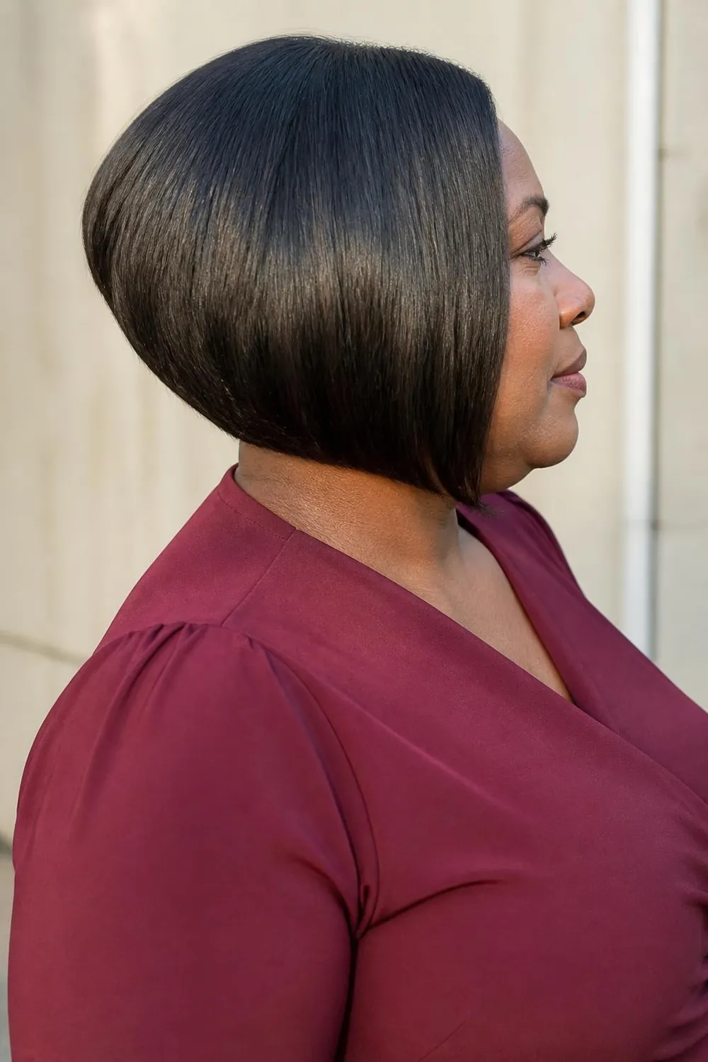 Sleek A-line bob ending below the chin on a plus size woman in her 50s