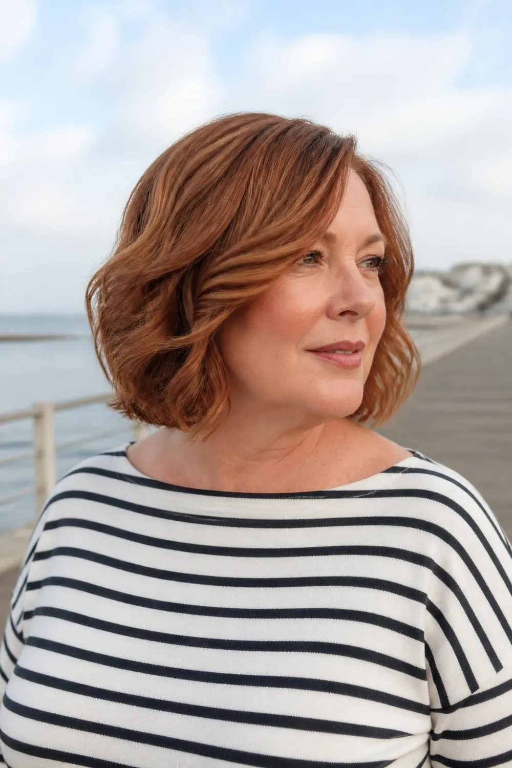 Soft wavy bob with a deep side part on a plus size woman over 50