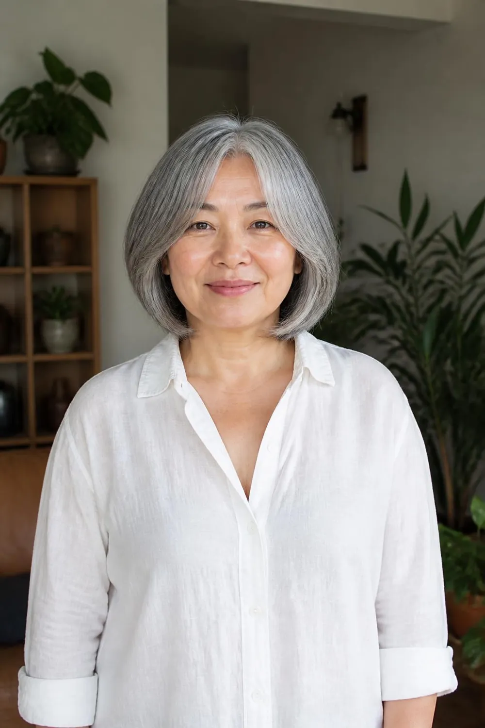 Silver gray bob with wispy curtain bangs on a plus size woman in her late 50s