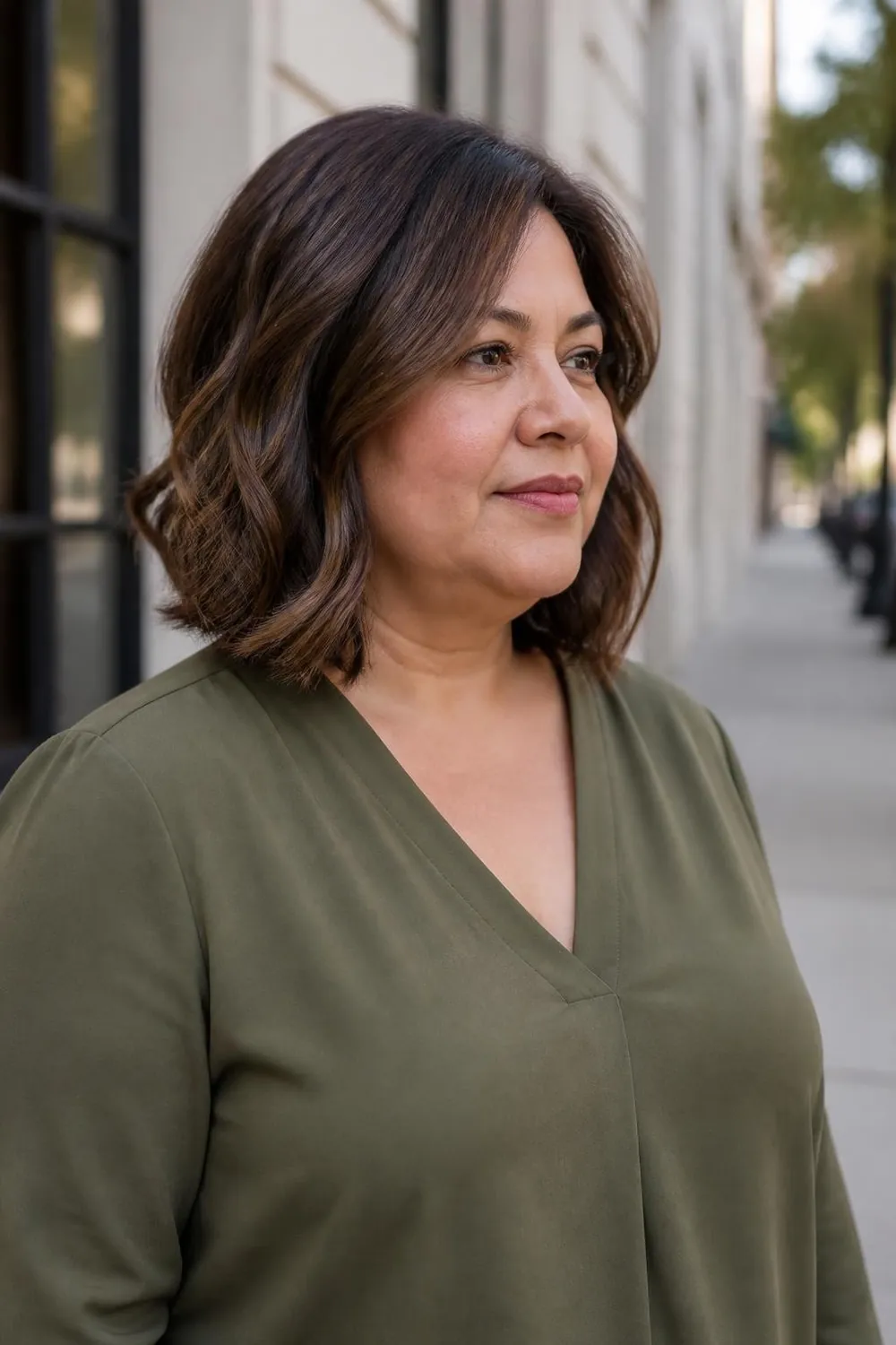 Textured lob grazing the collarbone with face-framing pieces on a plus size woman over 50