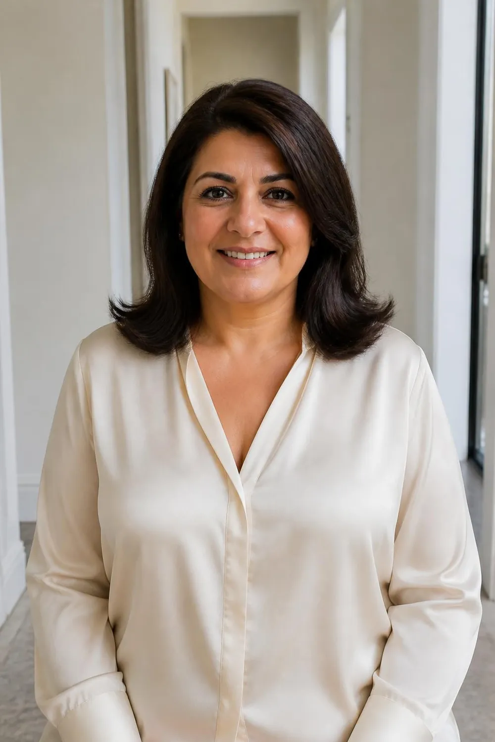 Collarbone lob with ends flipped outward on a plus size woman in her 50s