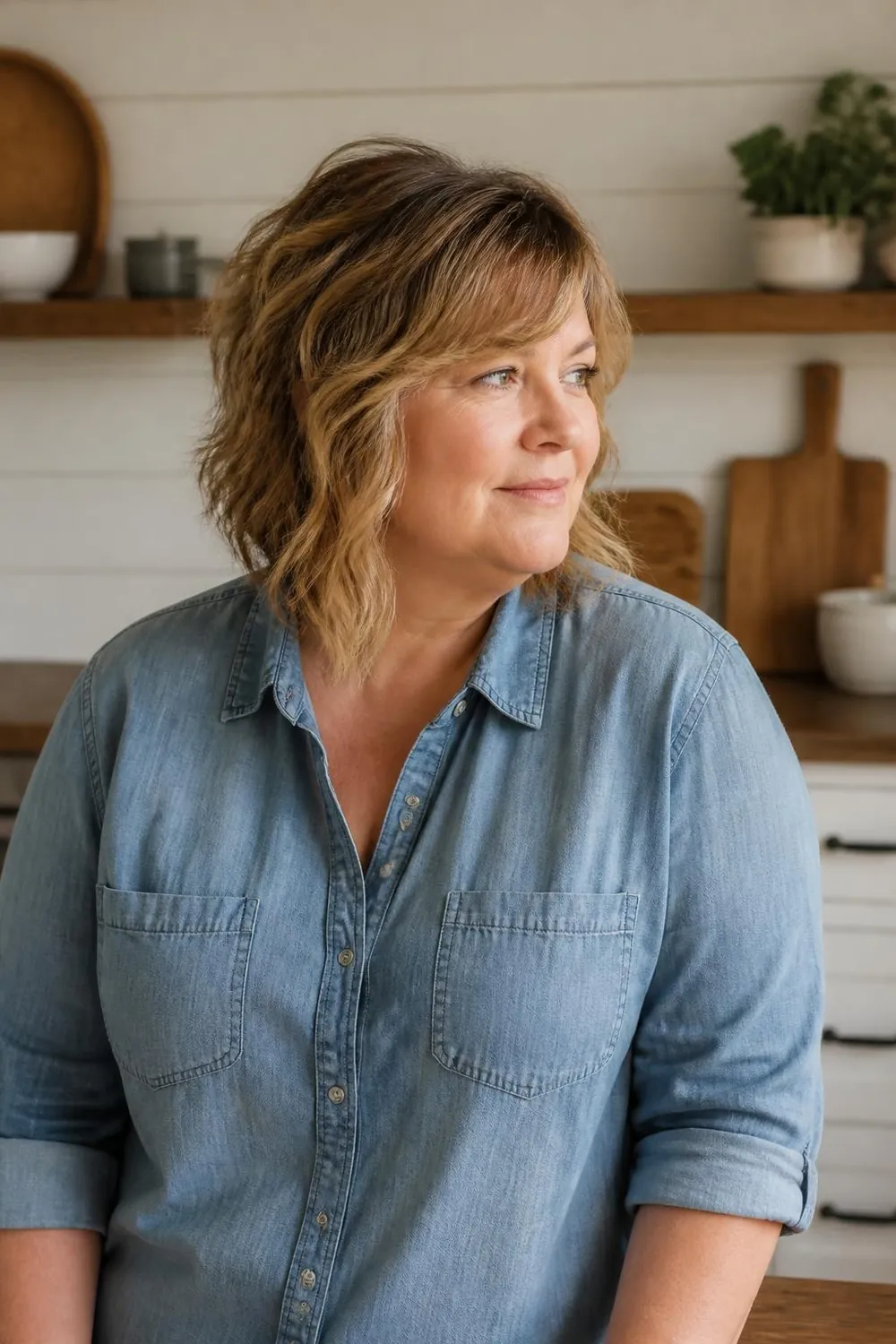 Medium shag with crown layers and long wispy sides on a plus size woman over 50