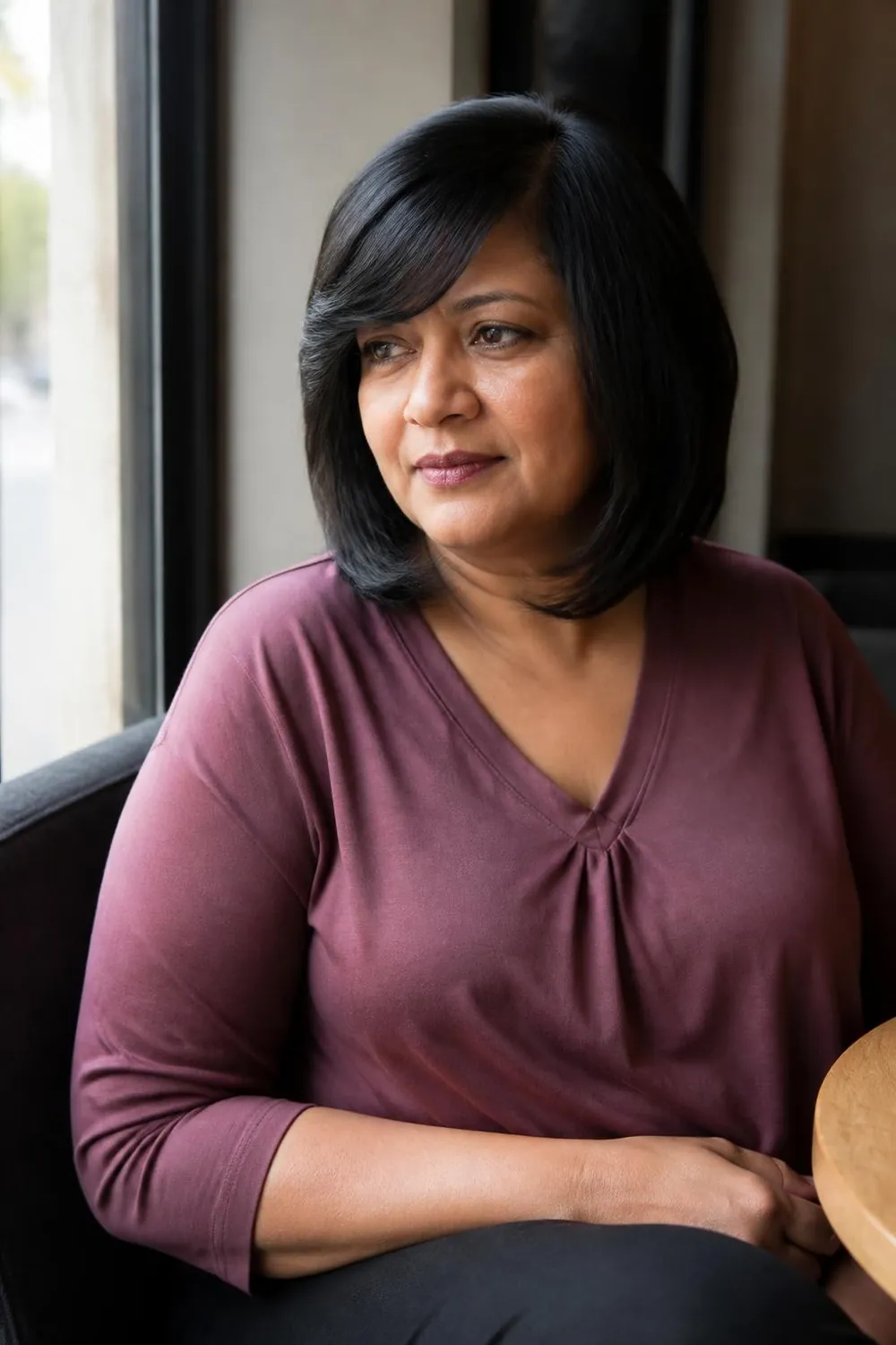 Shoulder-length cut with long side bangs across the brow on a plus size woman over 50