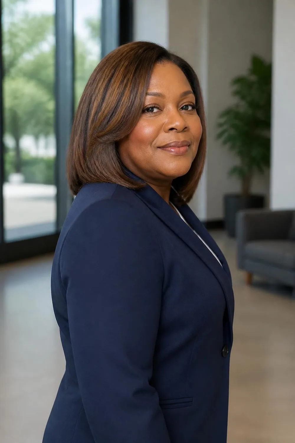 Shoulder-length haircut with softly beveled ends on a plus size woman in her 50s