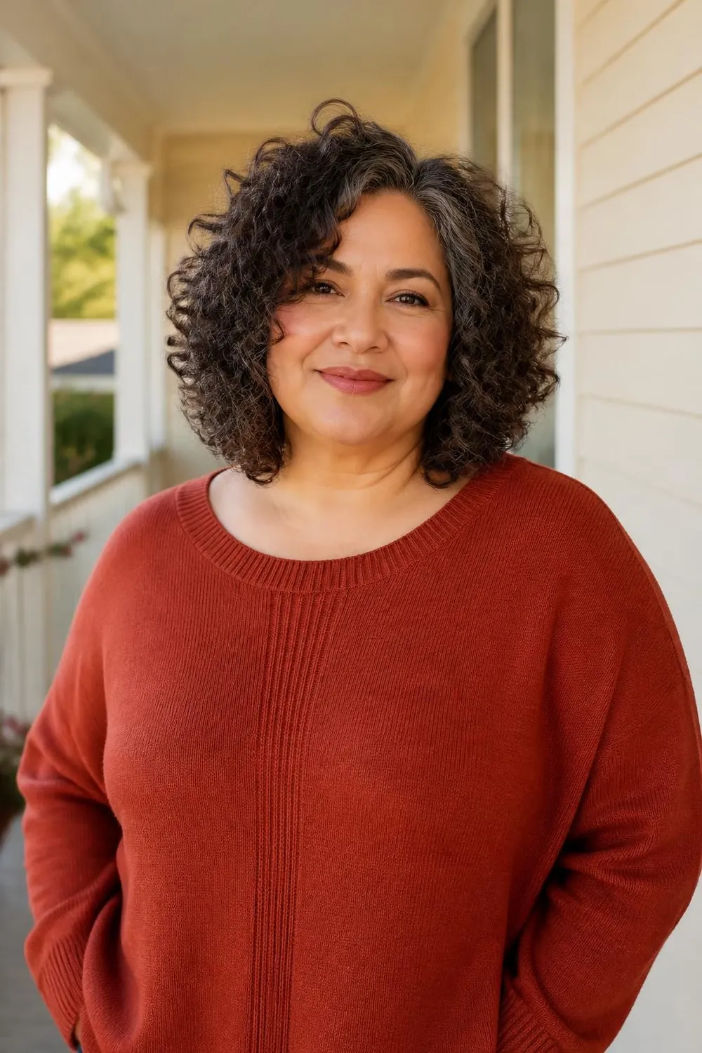 Curly lob shaped longer in front on a plus size woman over 50 with 3B curls