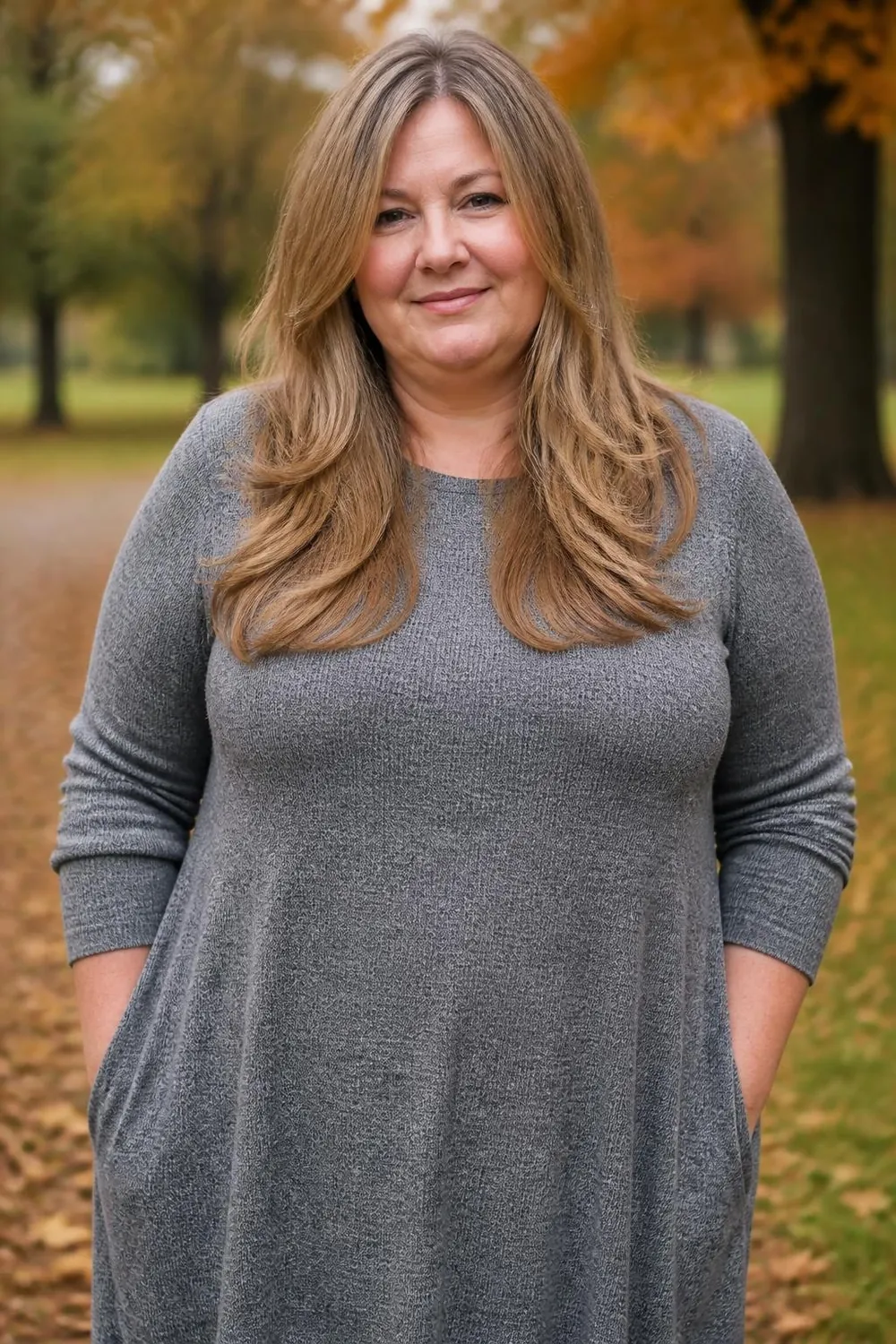 Long layered cut with the first layer at the chin on a plus size woman