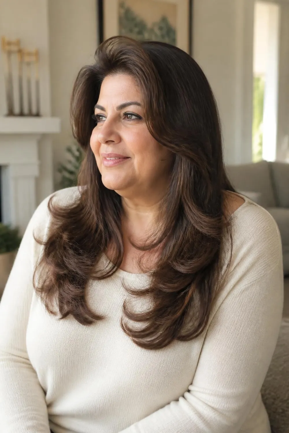 Long layers with front pieces swept back from the face on a plus size woman