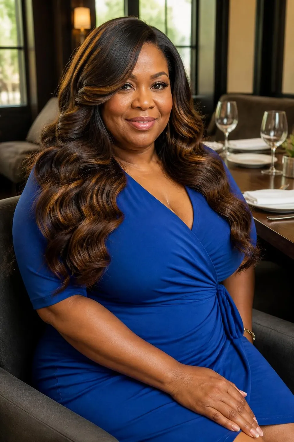 Long loose waves with a deep side part on a plus size woman over 50