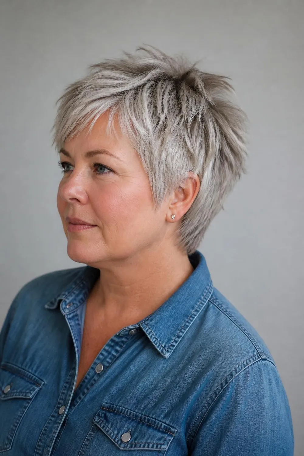 Piecey silver pixie with textured separated ends for a round face over 50