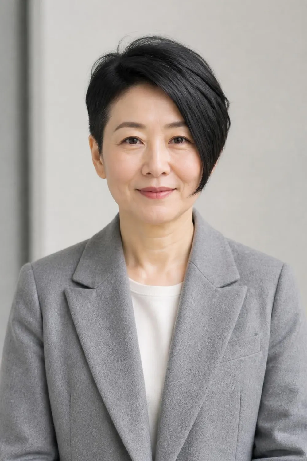 Asymmetrical pixie with one long side reaching the cheekbone for a woman over 50