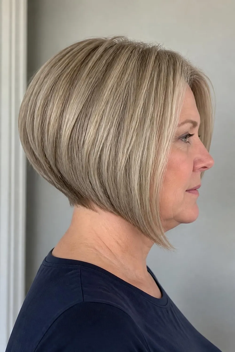 Inverted bob with a stacked crown and longer front for a round face over 50