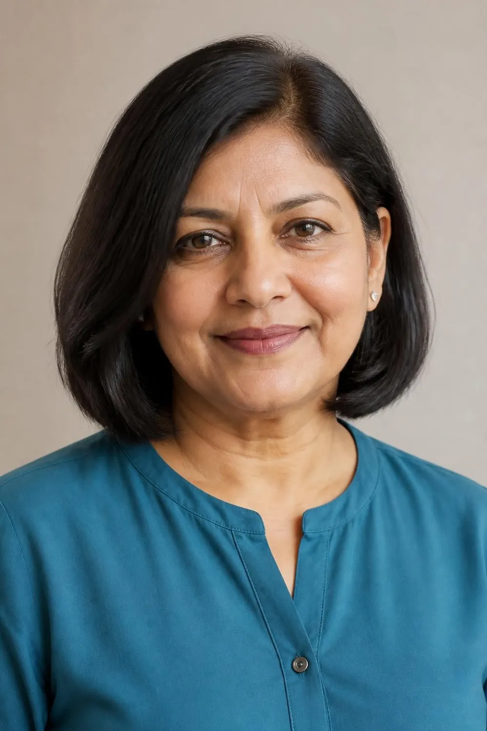 A-line bob ending below the chin with a side part for a round face over 50