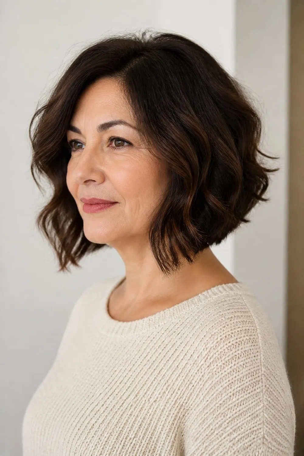 Wavy bob with longer front pieces framing the face for a woman over 50