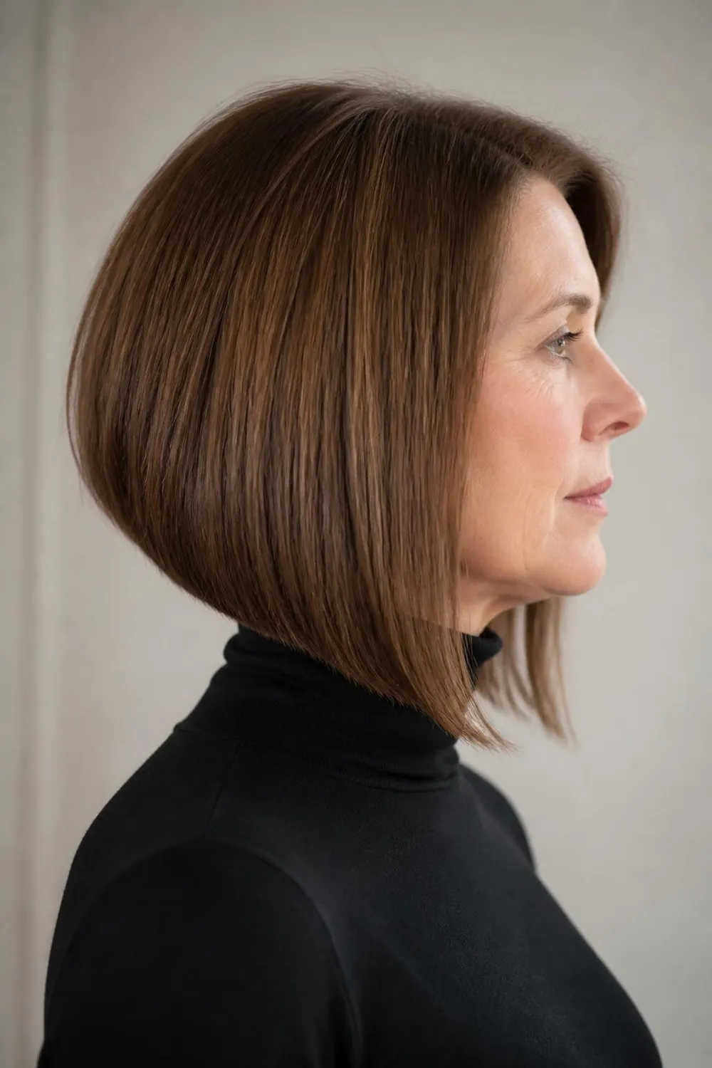 Forward-angled lob reaching the collarbone in front for a woman over 50 with a round face